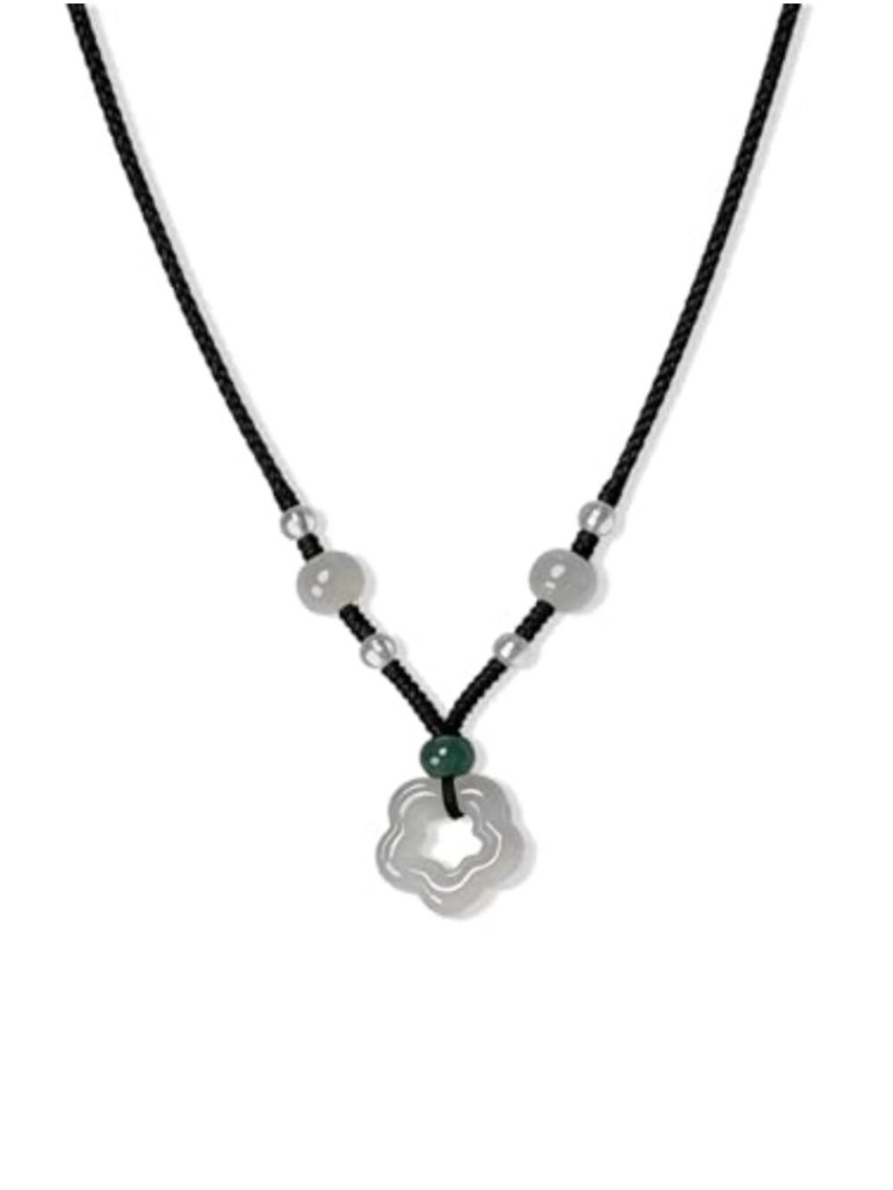 Braided Black Cord Necklace Jade Flower Pendant Pearl Accents Adjustable